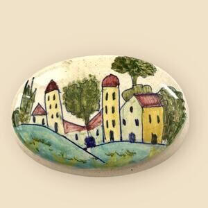 Deruta Hand-Painted Ceramic Trinket Box Italian Village Scene Small Oval Size
